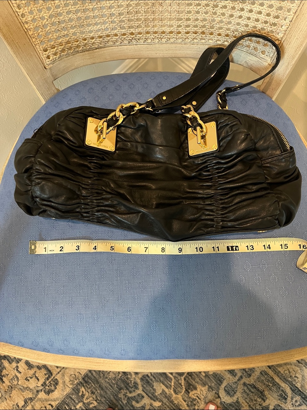 Michael Kors Black Ruched Leather Shoulder Bag with Gold Accents-Edgy Elegance - Picture 6 of 9